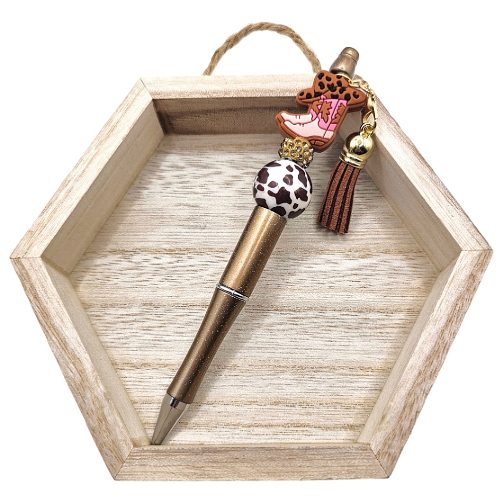 Pink Cowgirl Boots & Hat Cow Print Beaded Pen With Tassel Writing Gift Office